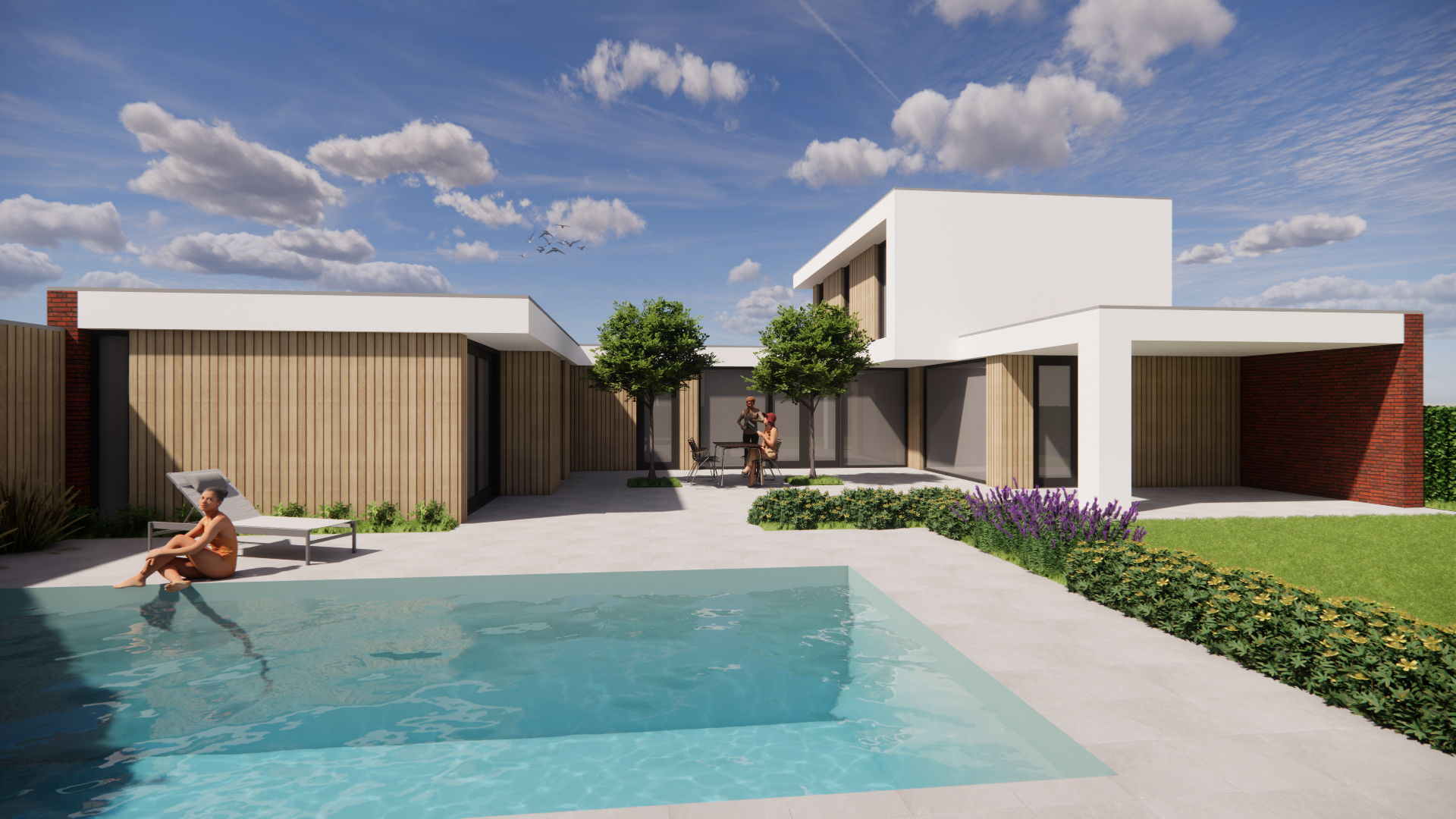 Ontwerp op Archifolio met een pleisterwerk gevel, een plat dak en houten accenten