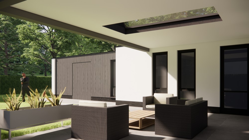 3D Render van vrijstaande moderne woning met wit gekeimd metselwerk, zadeldak met vlakke dakpan en houtaccenten 4