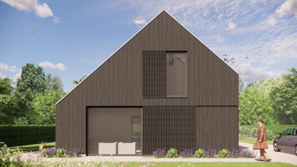 3D Render van landelijke schuurwoning met houten gevel, zadeldak en buiten shutters 4