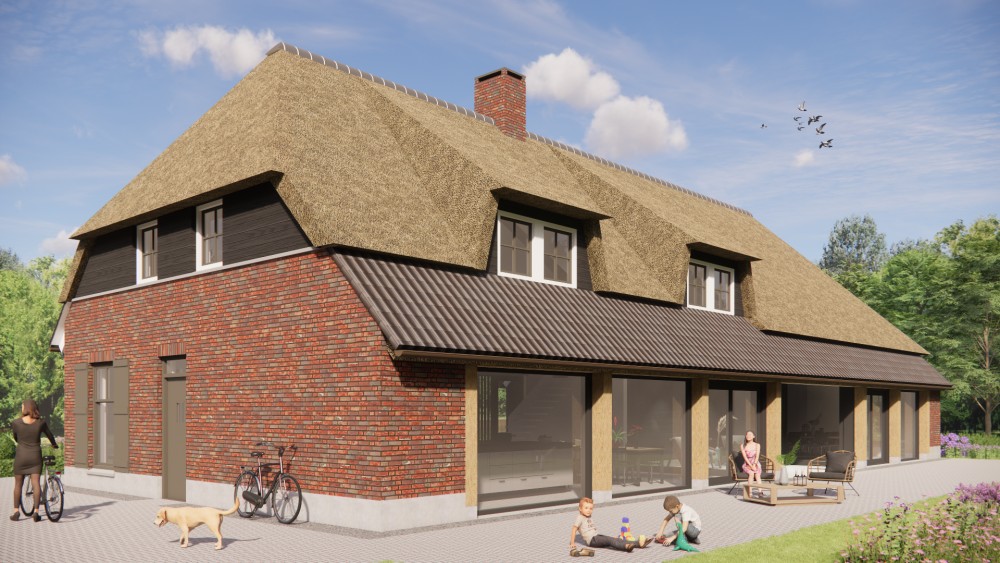 3D Render van traditionele boerderijwoning met rieten wolfsdak en gevel van hout en metselwerk 6