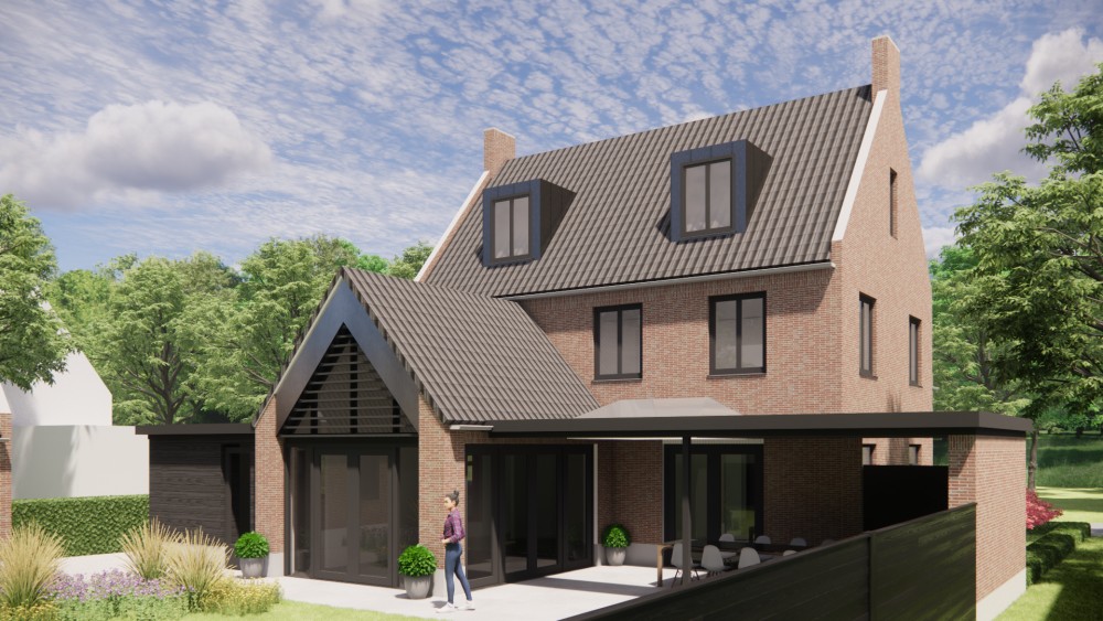 3D Render van kempisch vrijstaand woonhuis met metselwerk gevels, zadeldak en gegolfde dakpannen 7