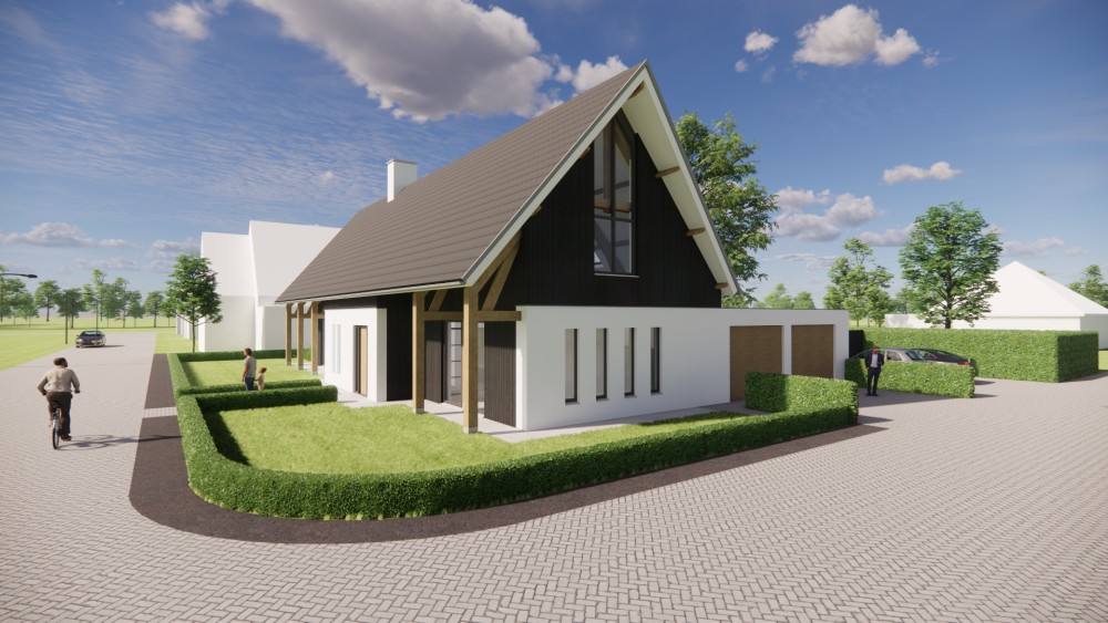 Afbeelding van Moderne schuurwoning met strak pleisterwerk en houten accenten - f693cd34-3170-41b2-9827-167ded287a47