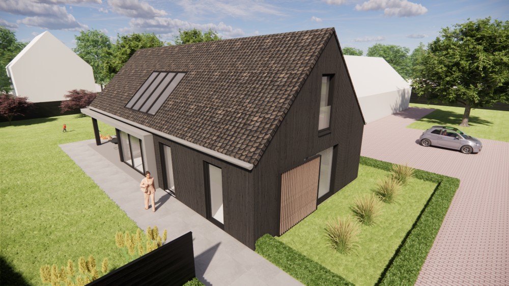 3D Render van schuurwoning met houten gevels en zadeldak met gegolfde dakpannen 4