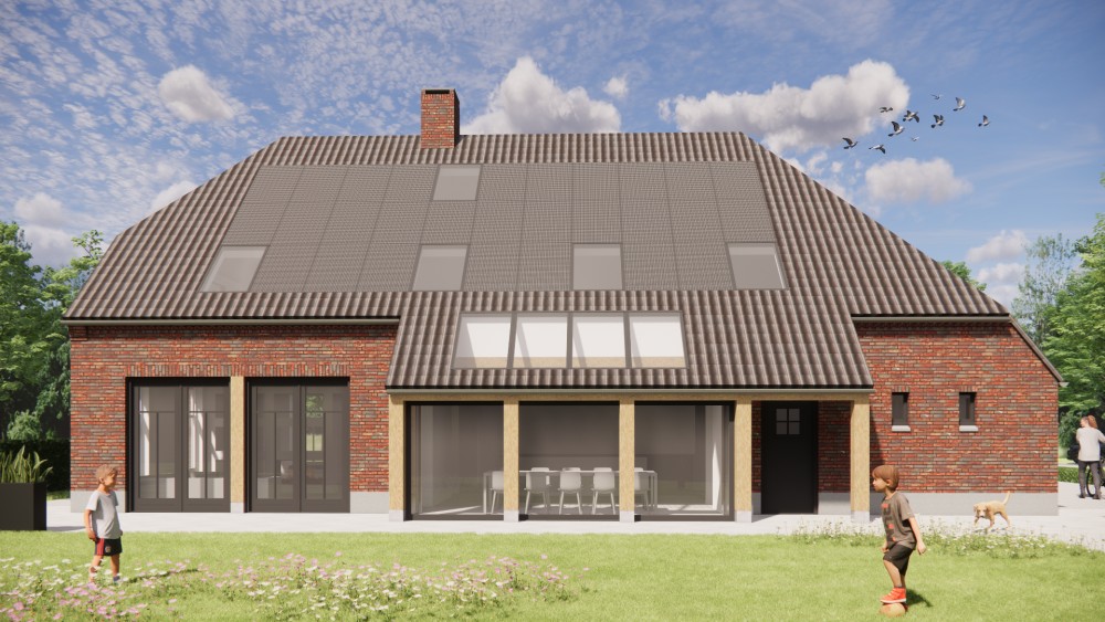 3D Render van landelijke boerderijwoning met wolfsdak, gegolfde dakpannen en houten accenten 6