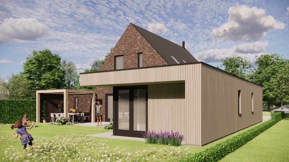 3D Render van moderne woning met metselwerk gevels, hoekkozijnen en houten accenten 4