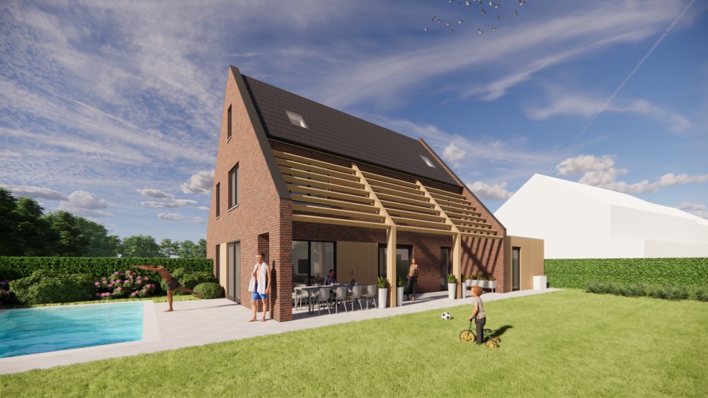 Afbeelding van Vrijstaande moderne woning in rood metselwerk met zadeldak van vlakke dakpannen en houten accenten - ef01d1f2-51d4-409f-87f9-474c5f352a34