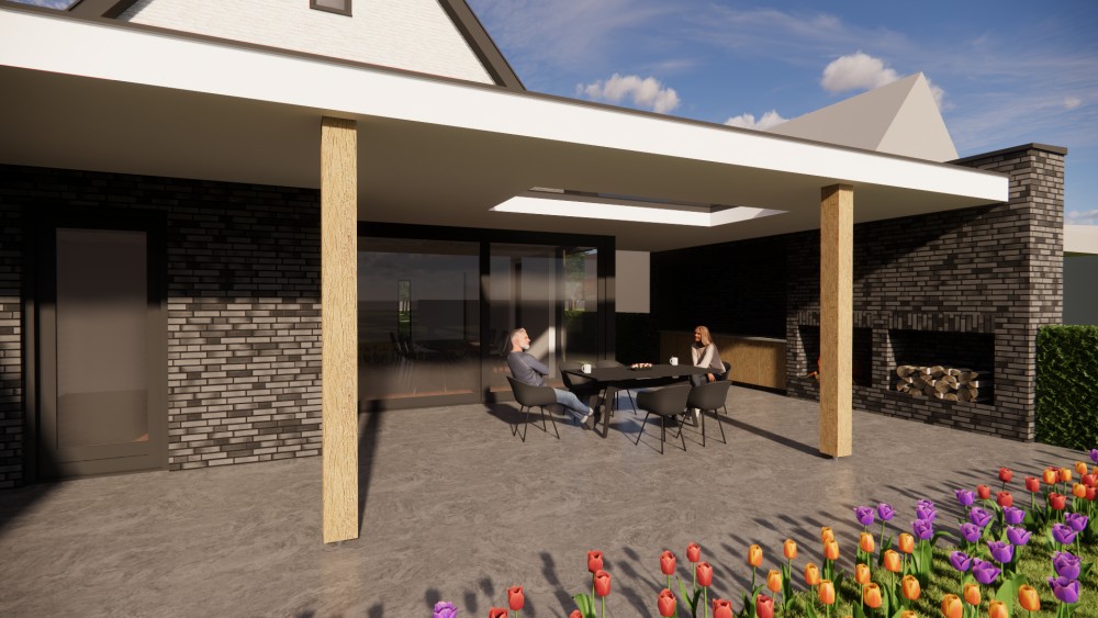 3D Render van moderne vrijstaande woning met gekeimd metselwerk en zadeldak met vlakke dakpan 4