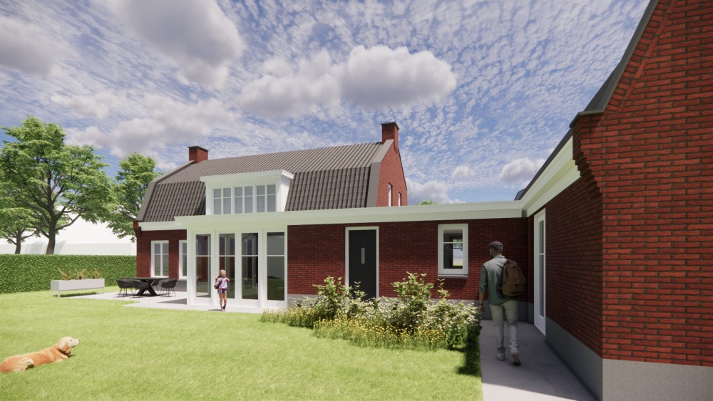 3D Render van vrijstaand woonhuis in jaren 30 stijl met metselwerkgevel en mansardedak met gegolfde dakpannen 6