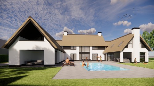 Project image Rietgedekte villa met u-vorm, gekeimd metselwerk en risaliet - 468e306c-b60c-4785-8daf-1aedd85a71cf