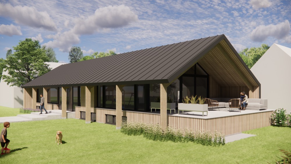 Afbeelding van Moderne schuurwoning met houten gevel felsplaat zadeldak en overstekken - 2202c3a7-8c8a-4379-a1af-02087b9912e4