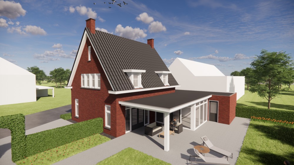3D Render van jaren 30 notariswoning met zadeldak, metselwerk en houten kozijnen 6