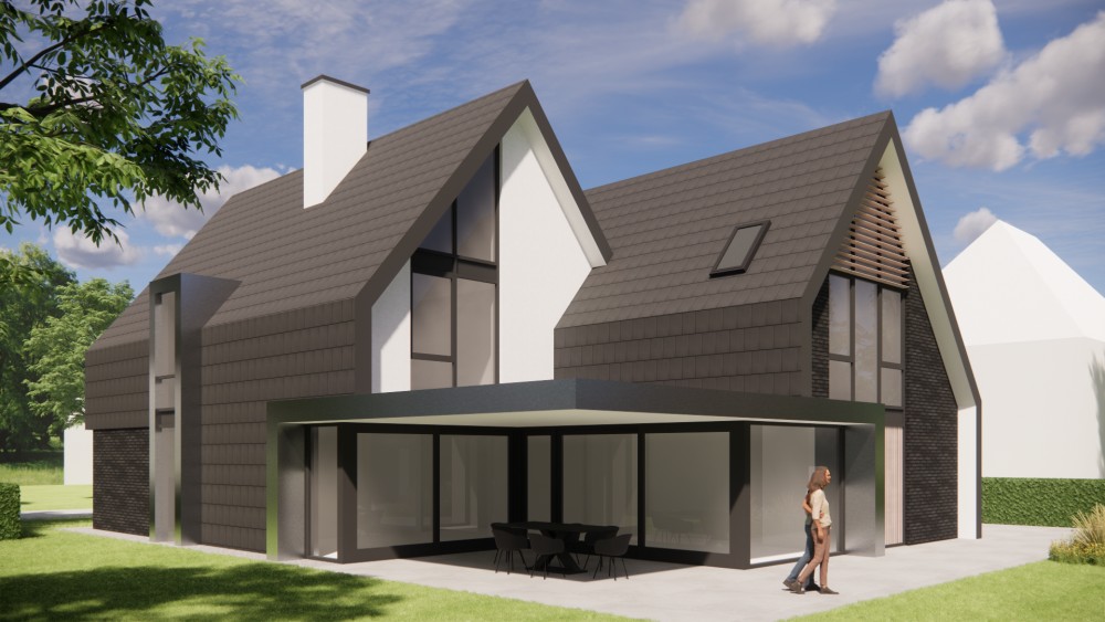 Afbeelding van Eigentijdse villa met metselwerk gevels en zadeldak met vlakke dakpannen - d9a75ce2-f9a5-4846-8d83-df7a2fbed7ab