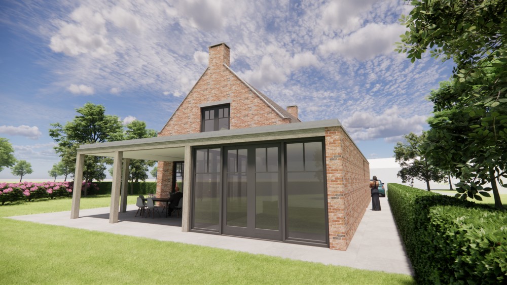 3D Render van vrijstaande Kempische woning in metselwerk met zadeldak en gegolfde dakpannen 7