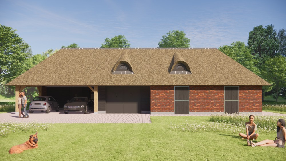 3D Render van boerderijwoning met rieten wolfsdak, houten accenten en metselwerkgevels 10