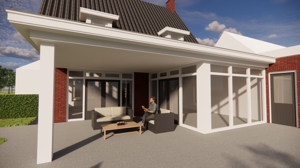 3D Render van jaren 30 notariswoning met zadeldak, metselwerk en houten kozijnen 5