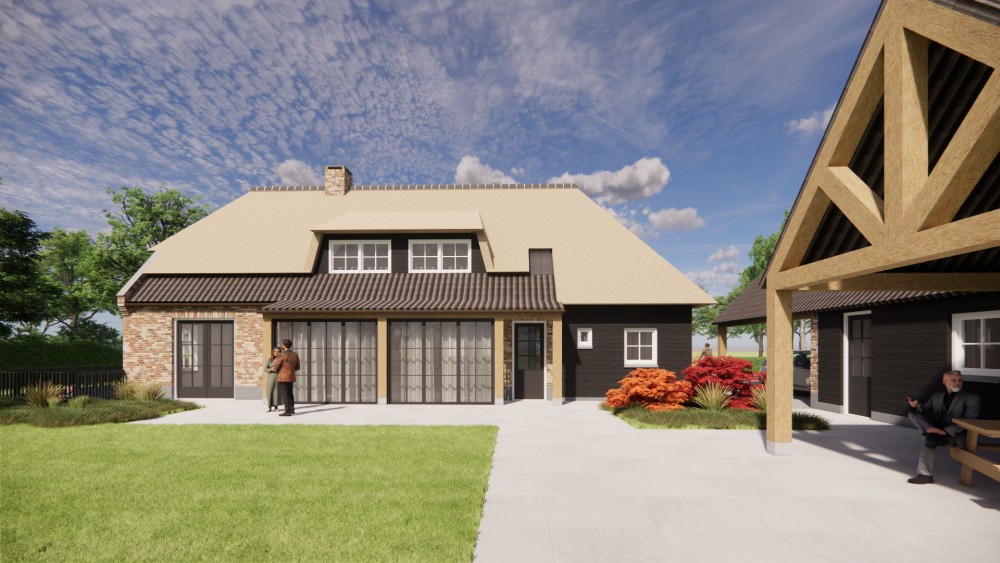 3D Render van landelijke boerderijwoning met rieten wolfsdak en metselwerk met houten accenten 6