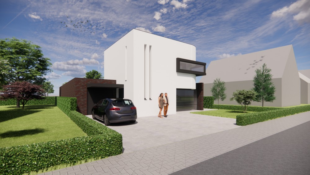 Afbeelding van Kubuswoning met wit pleisterwerk en afgeronde hoekpartij - 309eee28-1061-47d2-adab-24ae67d0e795