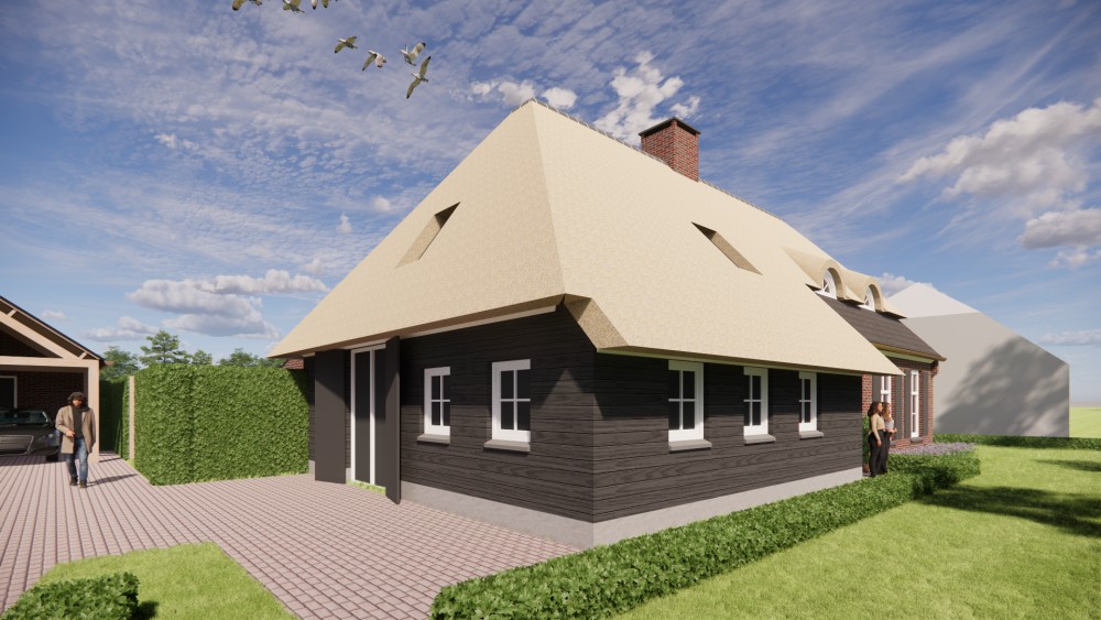 Afbeelding van Landelijke boerderijwoning met rieten dak en metselwerkgevels - 6b5f9ca3-f723-428b-a5f2-e20df475d411