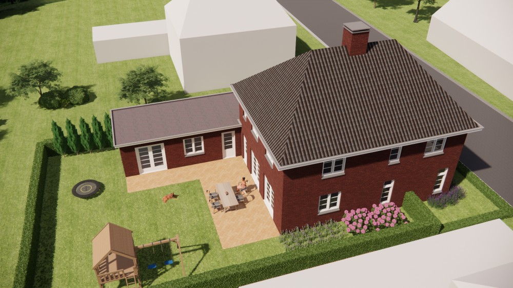 3D Render van vrijstaande notariswoning met metselwerk gevels en klassiek schilddak 9