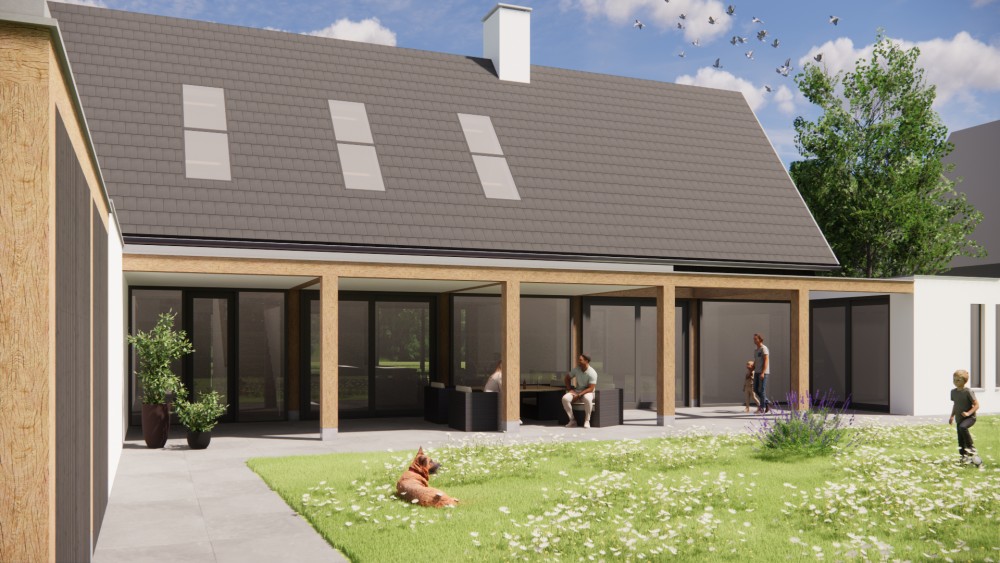 Afbeelding van Moderne schuurwoning met strak pleisterwerk en houten accenten - f693cd34-3170-41b2-9827-167ded287a47