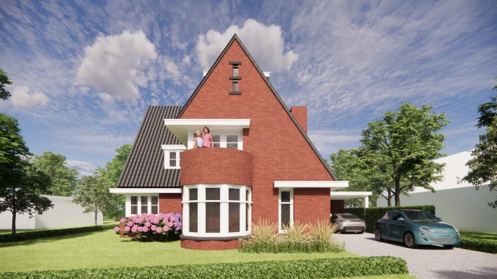 3D Render van vrijstaande jaren 30 woning in metselwerk met zadeldak en gegolfde dakpannen 4