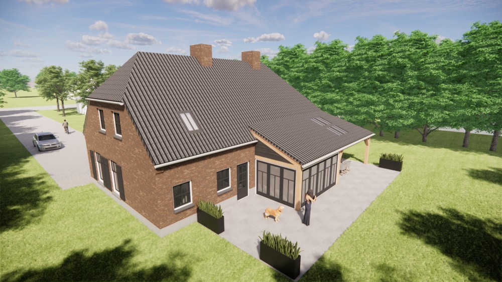 3D Render van landelijke boerderijwoning in metselwerk met wolfsdak met gegolfde dakpannen en houten accenten 7