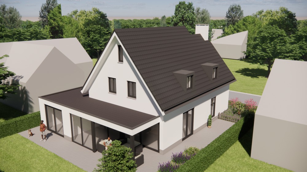 3D Render van gepleisterde gezinswoning met zadeldak, houten kozijnen en ingetogen detaillering 9