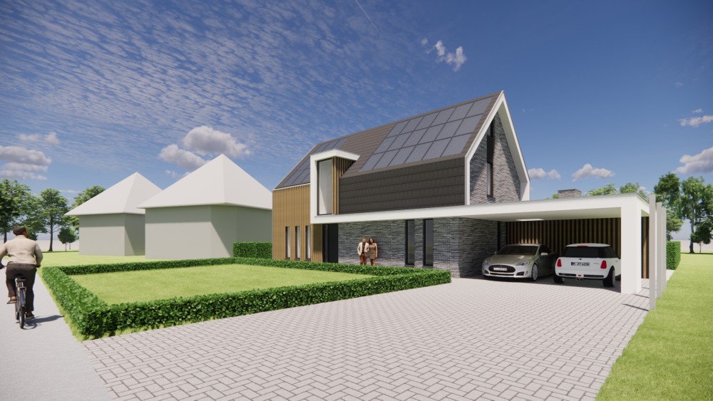 3D Render van moderne woning met houten gevelbekleding en strak zadeldak 2