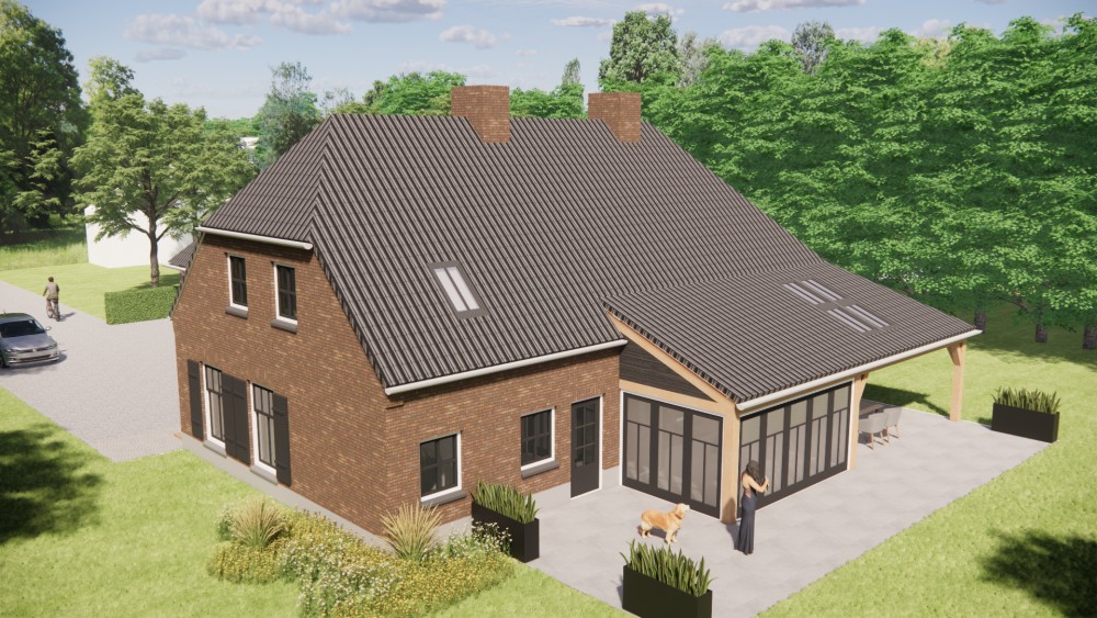 3D Render van landelijke boerderijwoning in metselwerk met wolfsdak met gegolfde dakpannen en houten accenten 9