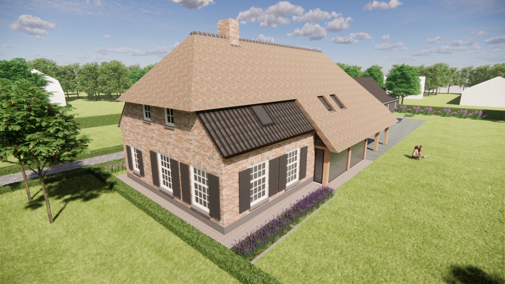 3D Render van vrijstaande schuurwoning met schilddak in metselwerk en hout 4