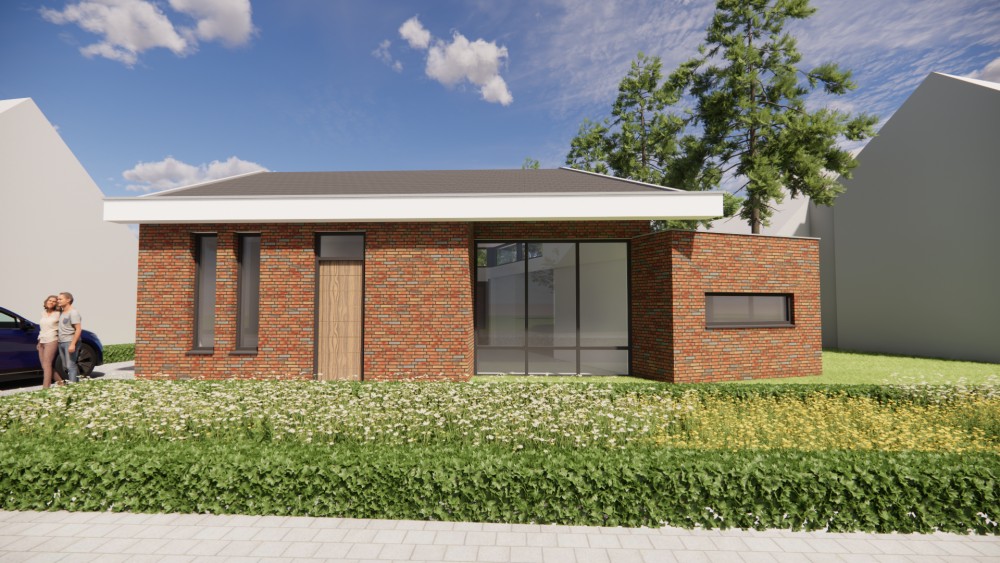 3D Render van moderne vrijstaande woning in metselwerk met lessenaarsdak met vlakke dakpannen en verholen dakgoot 5