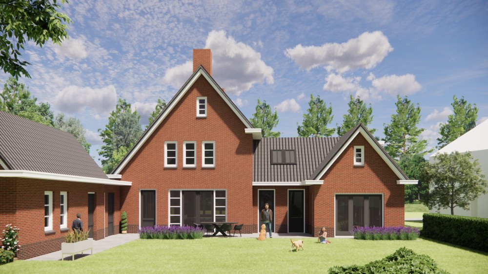 3D Render van vrijstaande jaren 30 woning met metselwerk gevels en zadeldak met gegolfde dakpannen 5