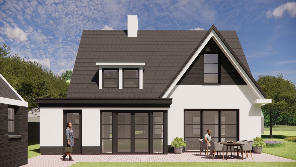 3D Render van eigentijdse vrijstaande woning met wit gekeimd metselwerk en zadeldak met gegolfde dakpannen 5