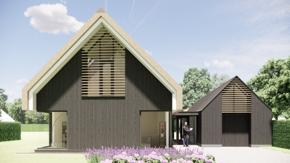 3D Render van moderne zwarte houten schuurwoning met zadeldak 4