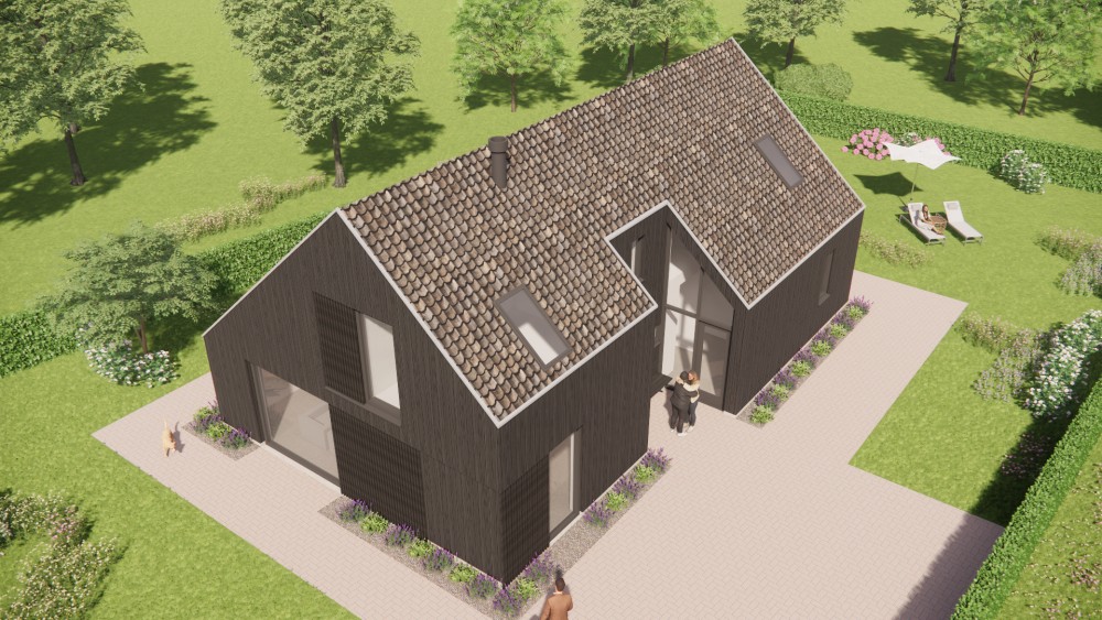3D Render van landelijke schuurwoning met houten gevel, zadeldak en buiten shutters 8