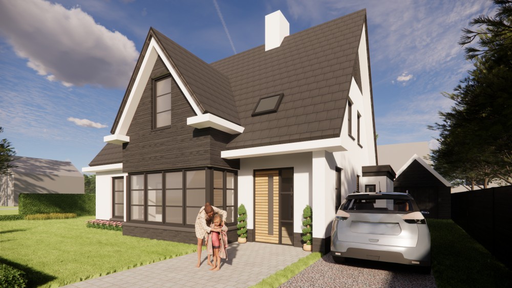 Afbeelding van Eigentijdse vrijstaande woning met wit gekeimd metselwerk en zadeldak met gegolfde dakpannen - 1f74df6d-53ae-4878-8065-334839f488a7