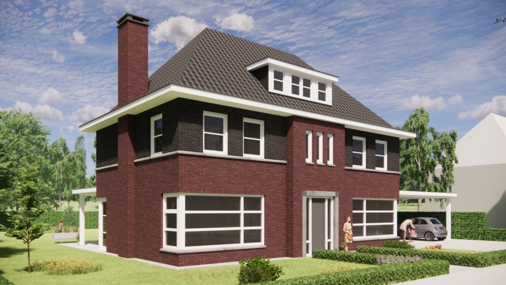 3D Render van vrijstaande jaren 30 notariswoning met metselwerk gevel en schilddak met gegolfde dakpannen 4
