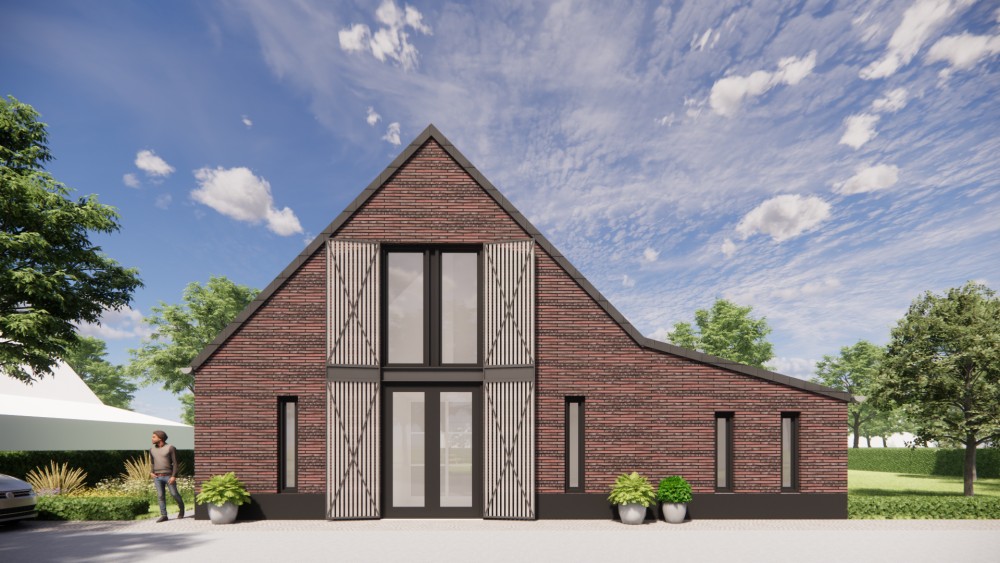 3D Render van vrijstaande schuurwoning met metselwerk gevels en zadeldak met vlakke dakpan 4
