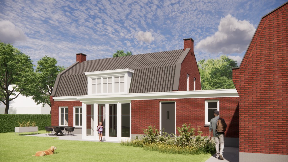 3D Render van vrijstaand woonhuis in jaren 30 stijl met metselwerkgevel en mansardedak met gegolfde dakpannen 6