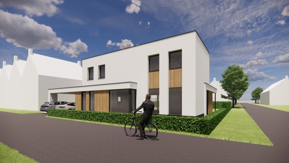 3D Render van kubistische woning met witte gevels, houten accenten en strak vormgegeven carport 2