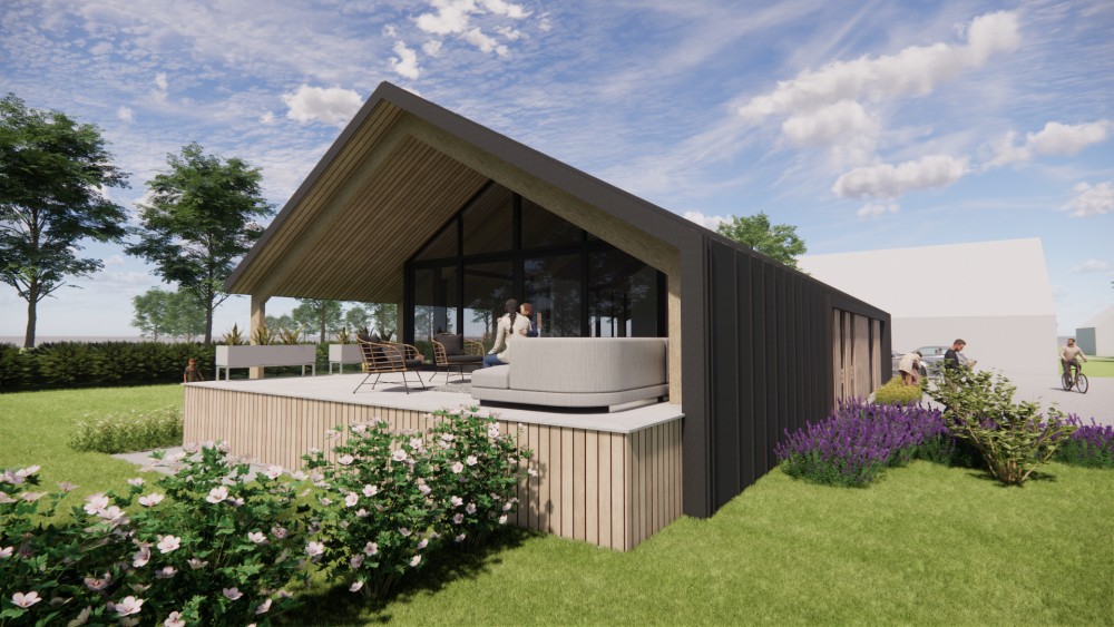 Afbeelding van Moderne schuurwoning met houten gevel felsplaat zadeldak en overstekken - 2202c3a7-8c8a-4379-a1af-02087b9912e4