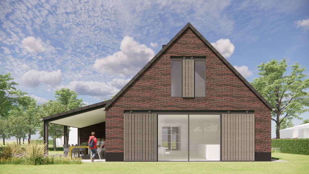 3D Render van vrijstaande schuurwoning met metselwerk gevels en zadeldak met vlakke dakpan 5