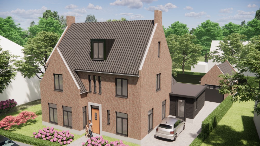 3D Render van kempisch vrijstaand woonhuis met metselwerk gevels, zadeldak en gegolfde dakpannen 6