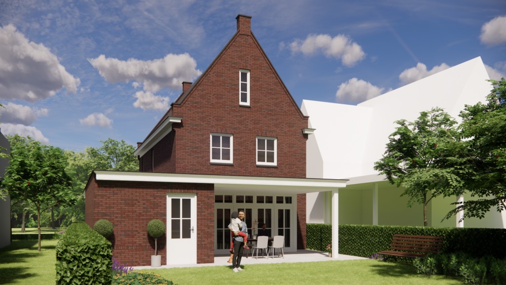 3D Render van vrijstaande jaren 30 woning met metselwerk, erker en zadeldak met gegolfde dakpannen 4