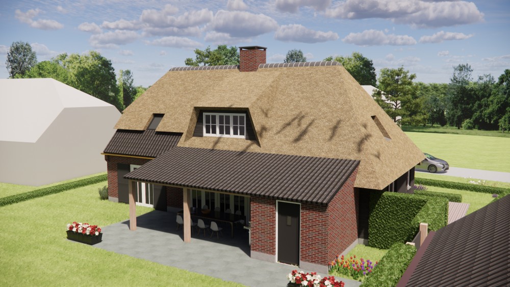 3D Render van landelijke boerderijwoning met rieten dak en metselwerkgevels 7