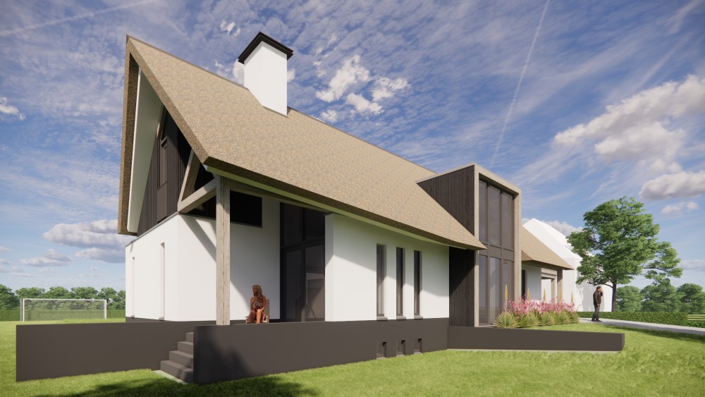 3D Render van moderne vrijstaande woning met rieten zadeldak witte pleistergevel en houtaccenten 4