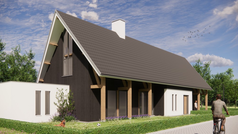 Afbeelding van Moderne schuurwoning met strak pleisterwerk en houten accenten - f693cd34-3170-41b2-9827-167ded287a47