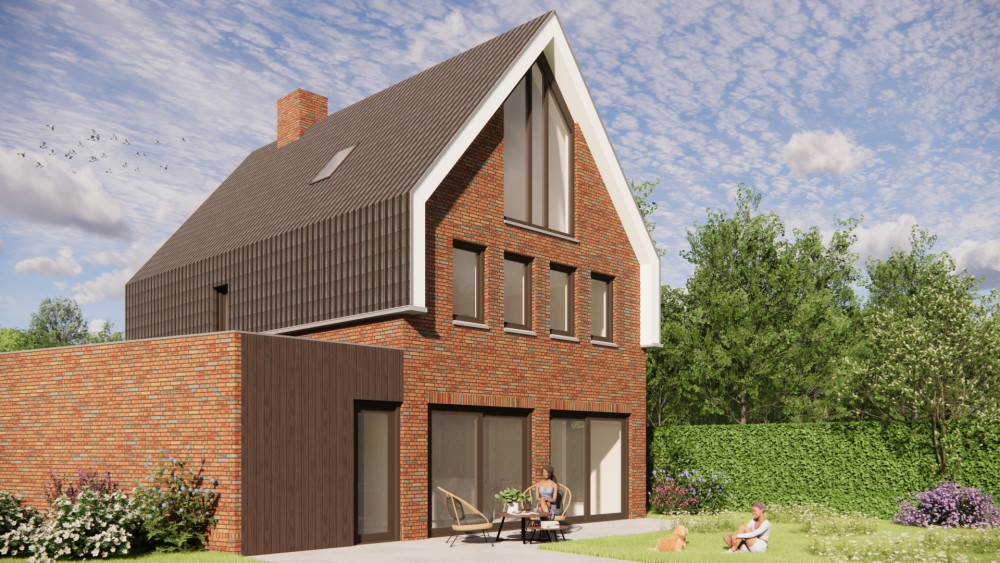 Afbeelding van Moderne woning met zadeldak, metselwerk en uitgesproken dak overstek - 1de9d5ec-c4f8-4e91-a48f-731e4d805df3