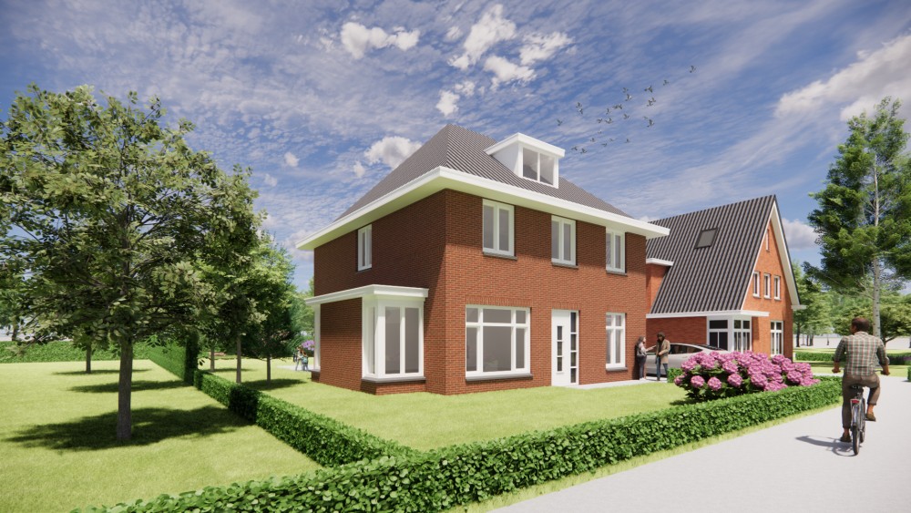 3D Render van notariswoning in jaren 30 stijl met metselwerkgevel en klassiek schilddak 1
