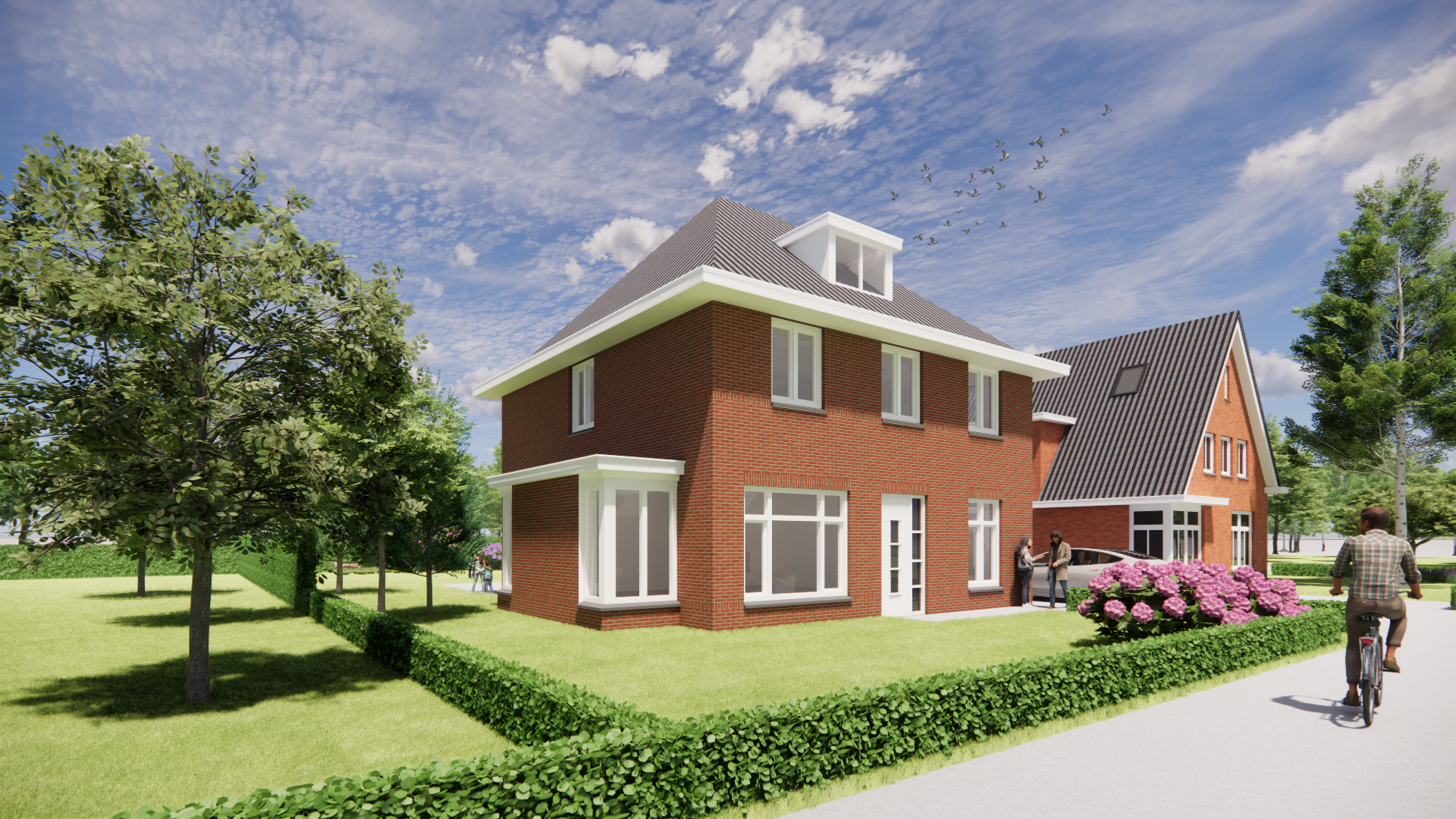 3D render van Notariswoning in jaren 30 stijl met metselwerkgevel en klassiek schilddak